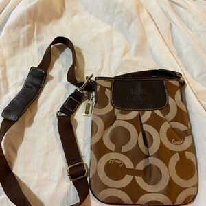 Coach Brown and Tan Signature Circle Crossbody Messenger